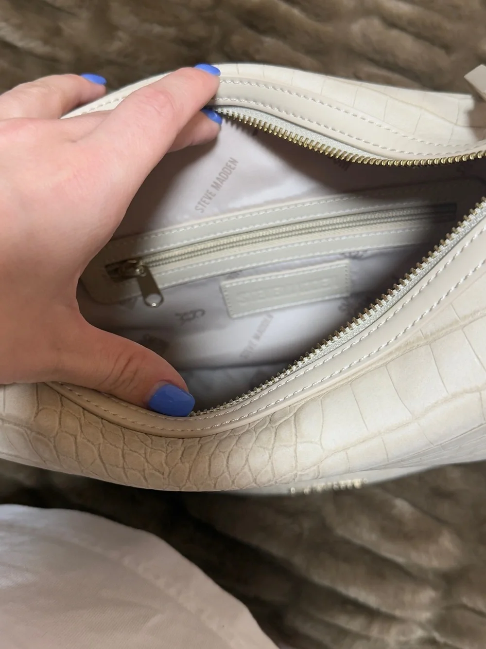 Steve Madden Cream Croc-Embossed Hobo Shoulder Bag